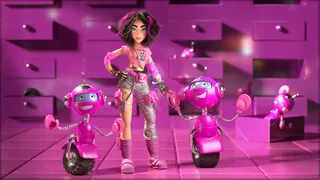 Girl with pink robots in purple futuristic room by RIVE GAUCHE