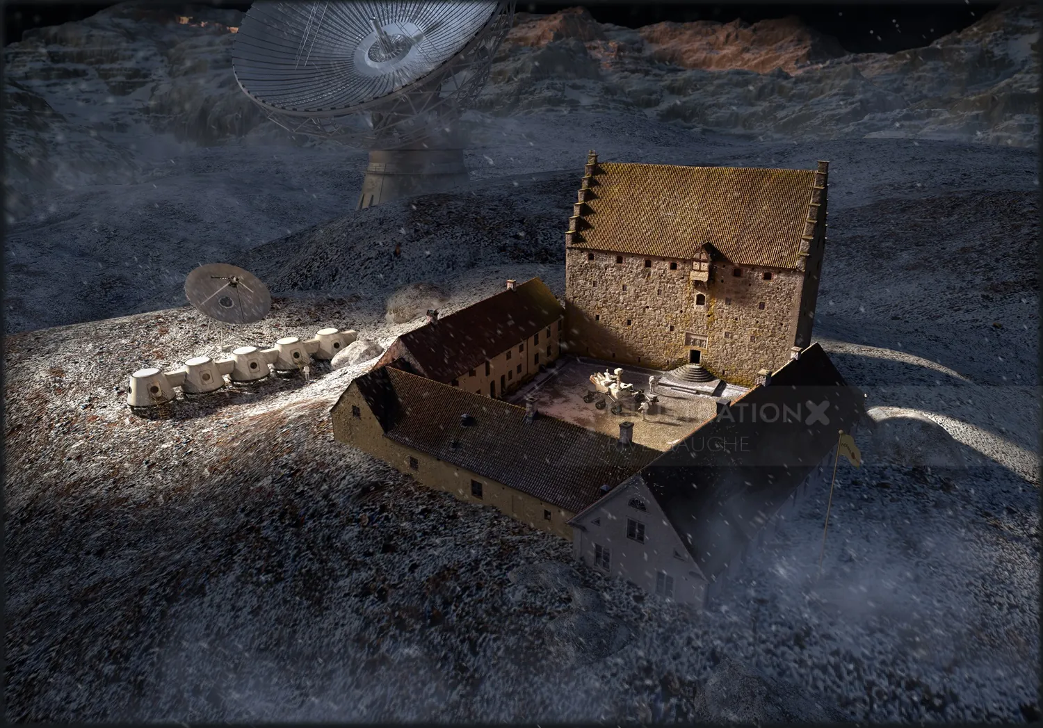 Miniature stone castle model with courtyard and walls by RIVE GAUCHE
