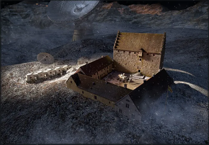 Miniature stone castle model with courtyard and walls by RIVE GAUCHE