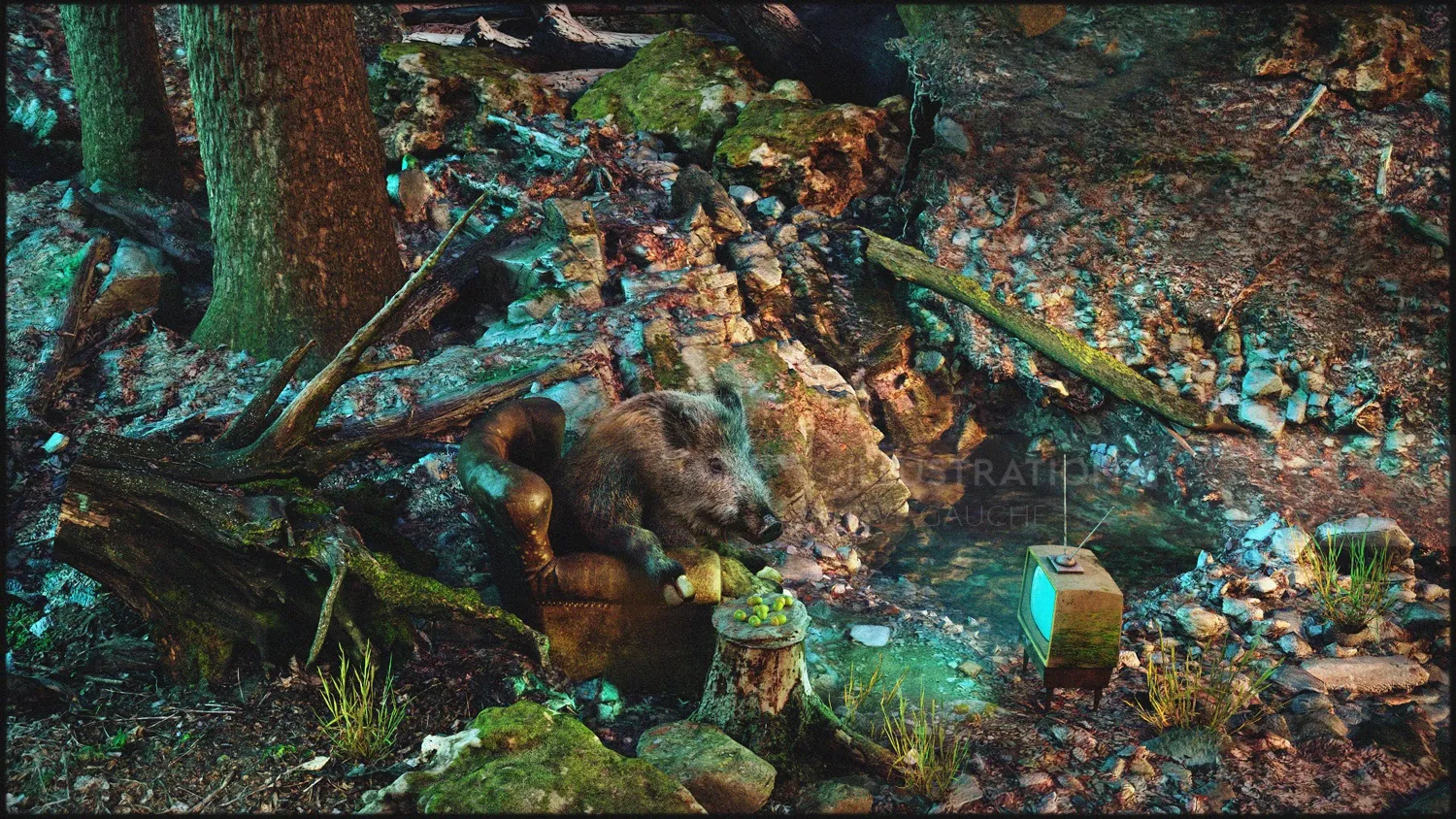 Miniature woodland scene with animals and stream, art by RIVE GAUCHE