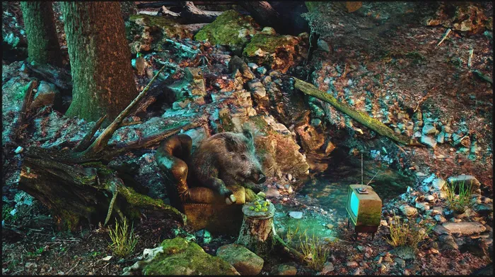 Miniature woodland scene with animals and stream, art by RIVE GAUCHE