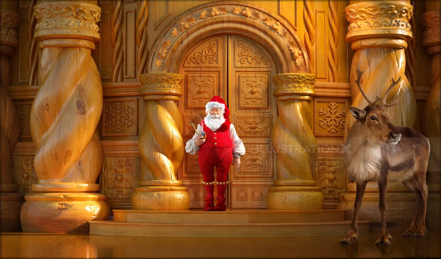 Santa Claus and reindeer in a golden ornate hall by RIVE GAUCHE