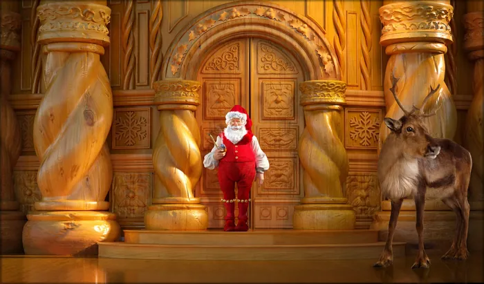 Santa Claus and reindeer in a golden ornate hall by RIVE GAUCHE
