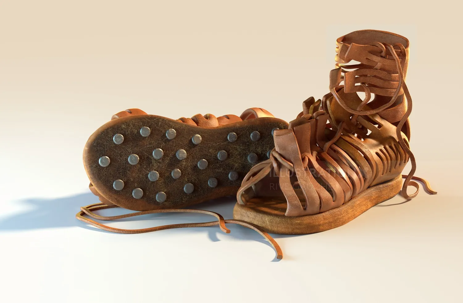 Brown leather gladiator sandals with laces and studded soles by RIVE GAUCHE