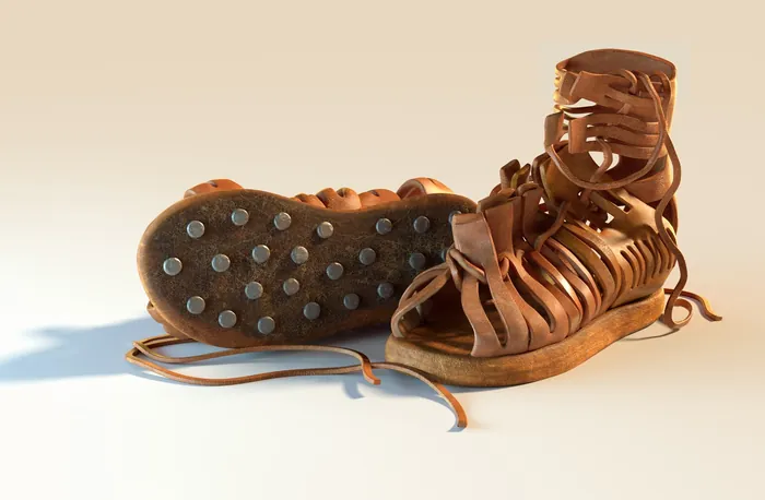 Brown leather gladiator sandals with laces and studded soles by RIVE GAUCHE