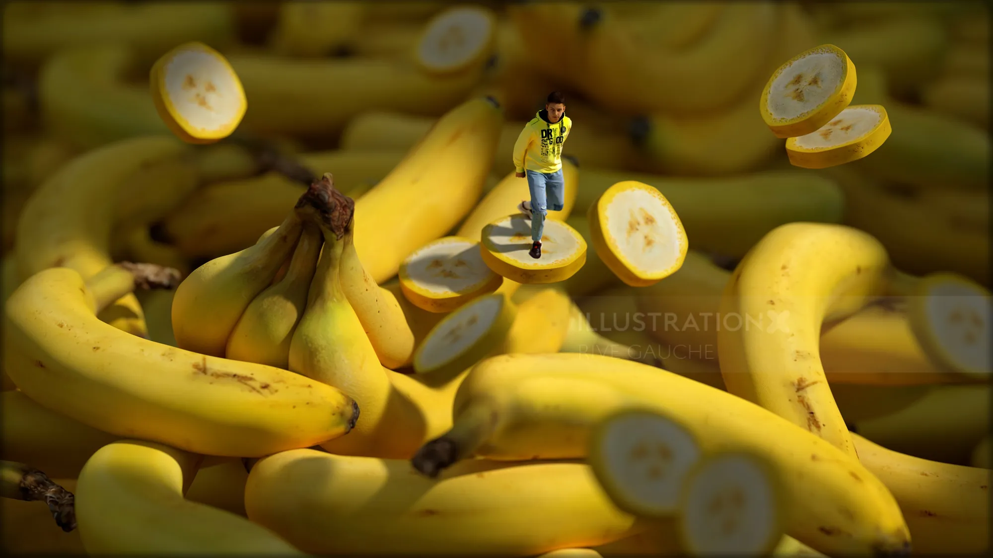 Miniature person standing on sliced bananas surrounded by whole bananas by RIVE GAUCHE
