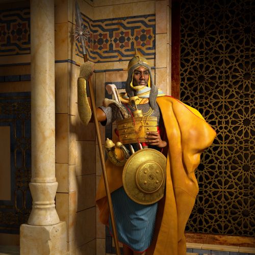 Ancient guard holding spear and shield in ornate hall by RIVE GAUCHE