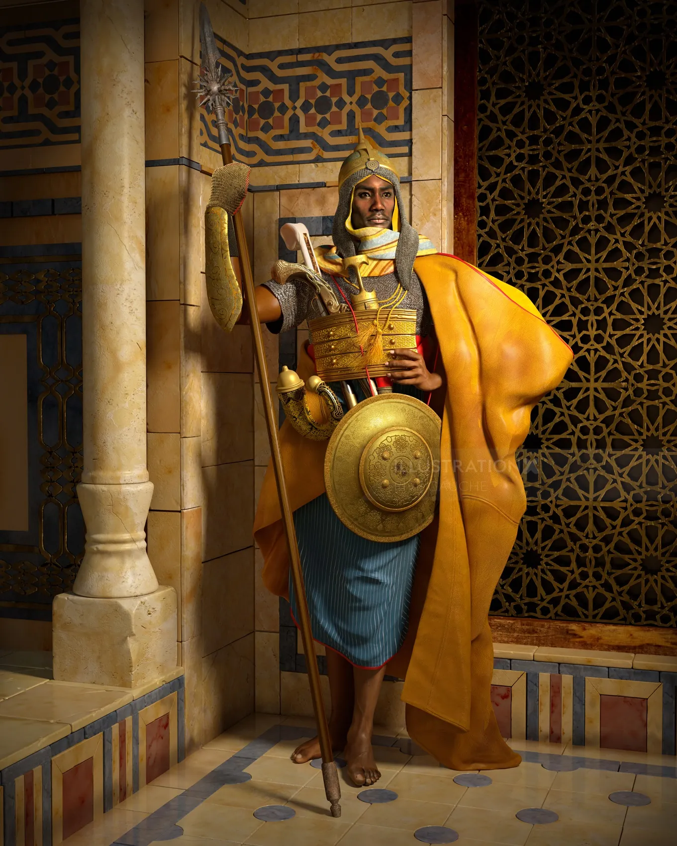 Ancient guard holding spear and shield in ornate hall by RIVE GAUCHE