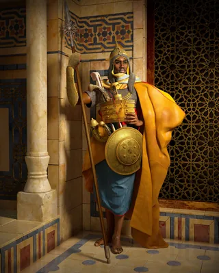 Ancient guard holding spear and shield in ornate hall by RIVE GAUCHE