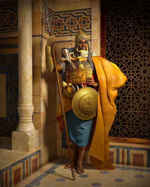Ancient guard holding spear and shield in ornate hall by RIVE GAUCHE