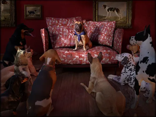 Small dog on patterned couch surrounded by other dogs in room by RIVE GAUCHE