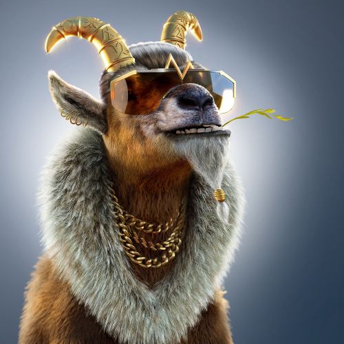 Stylish goat with sunglasses and gold chains by RIVE GAUCHE
