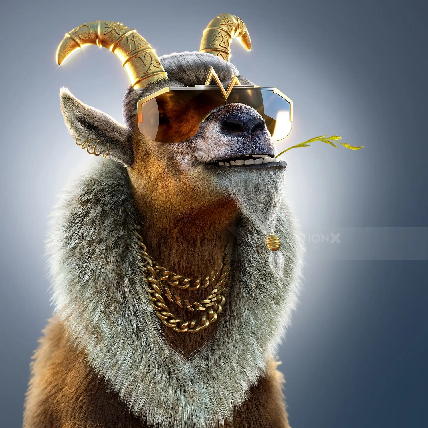 Stylish goat with sunglasses and gold chains by RIVE GAUCHE