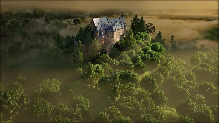 Castle surrounded by forest and mist by RIVE GAUCHE
