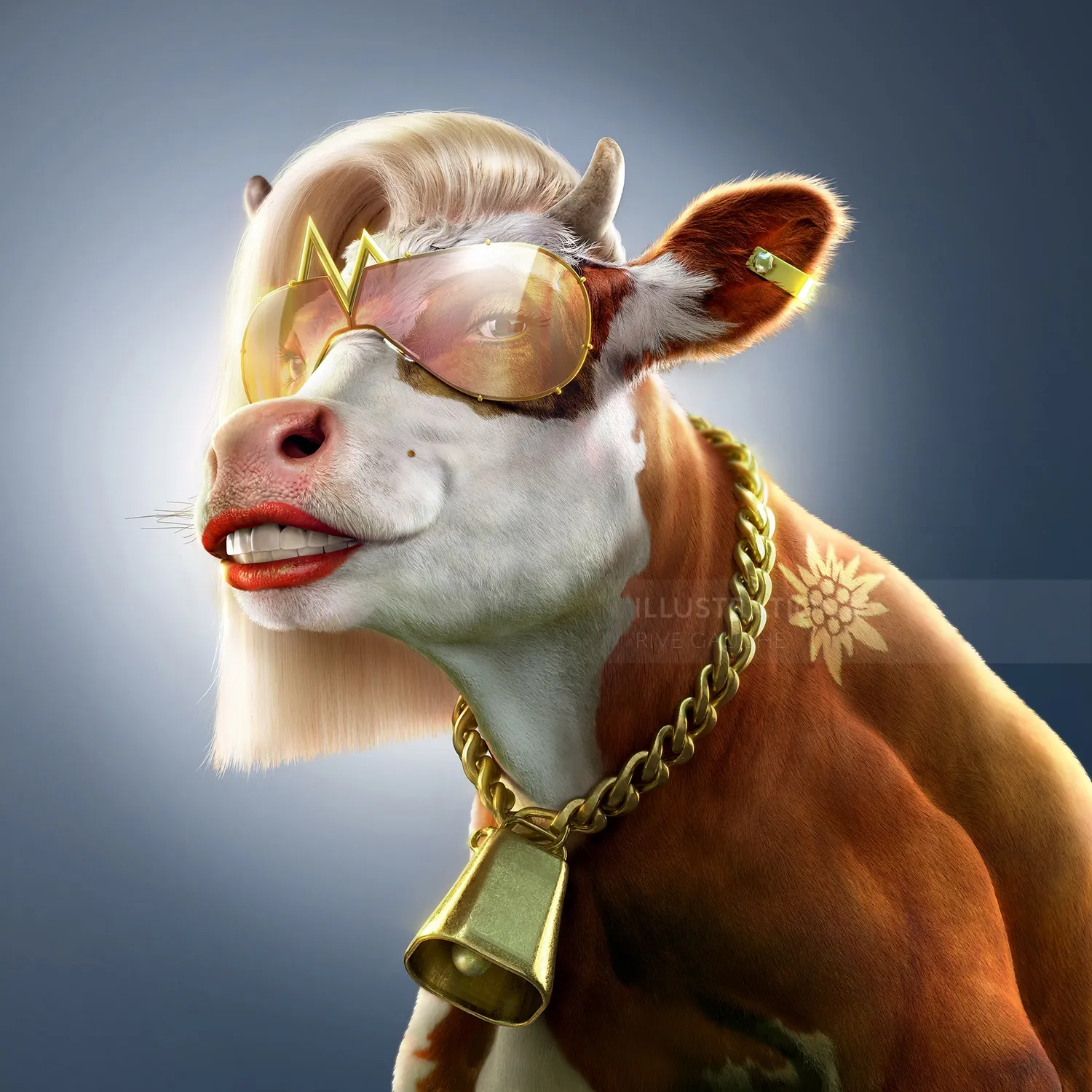 Stylish cow with sunglasses and gold chain by RIVE GAUCHE