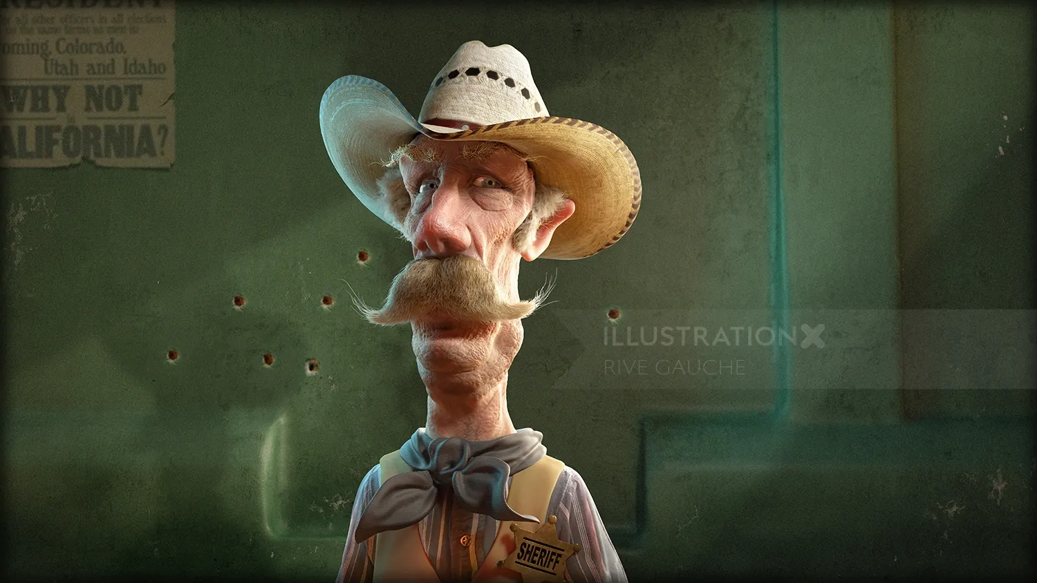 Cartoon cowboy with hat and mustache standing by bullet-holed wall by RIVE GAUCHE