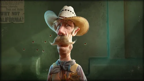 Cartoon cowboy with hat and mustache standing by bullet-holed wall by RIVE GAUCHE