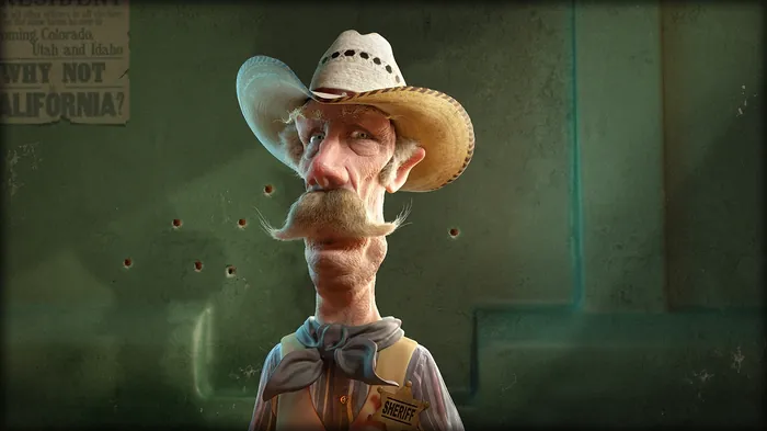 Cartoon cowboy with hat and mustache standing by bullet-holed wall by RIVE GAUCHE