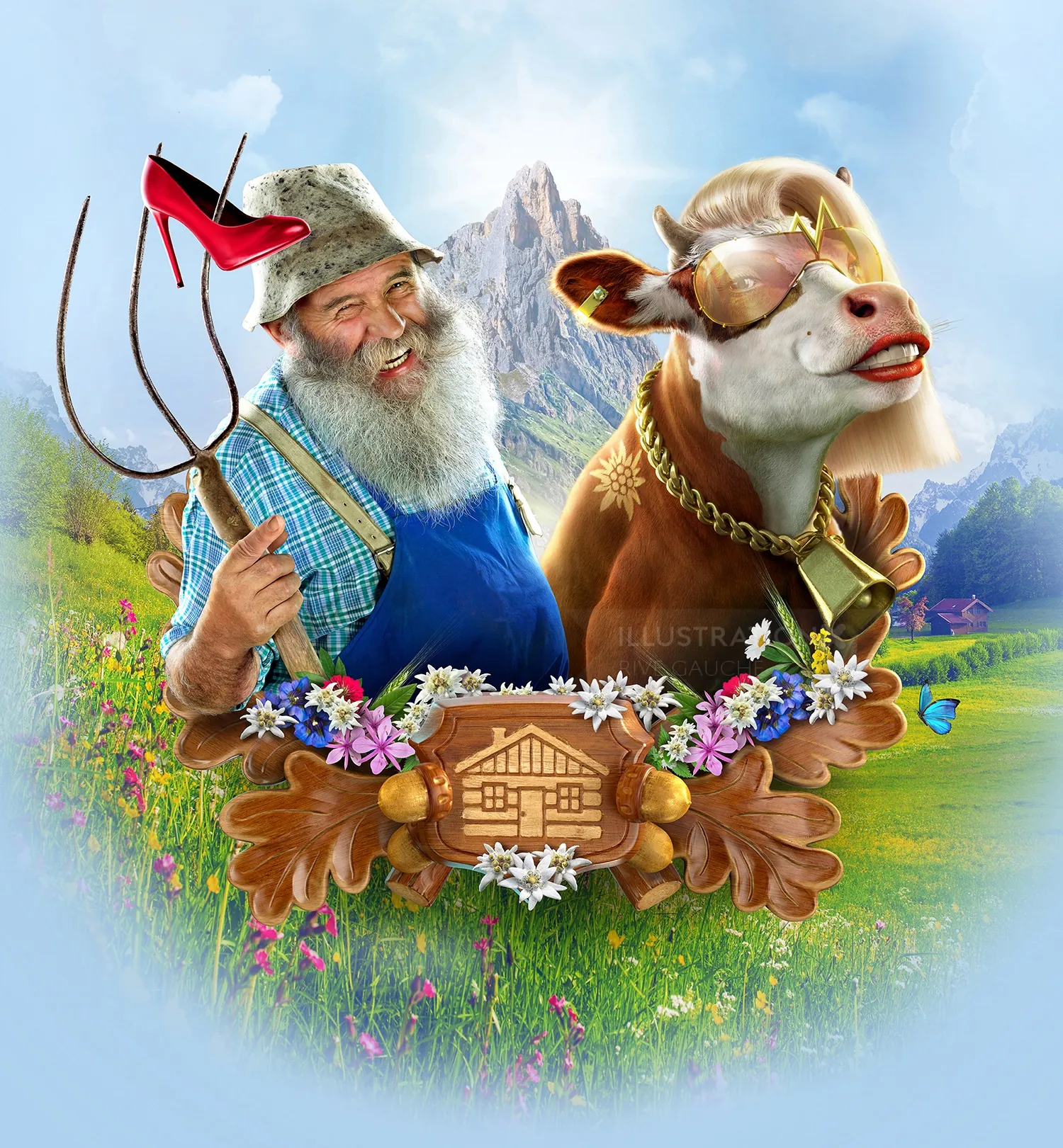 Smiling farmer with pitchfork and cow in alpine meadow by RIVE GAUCHE