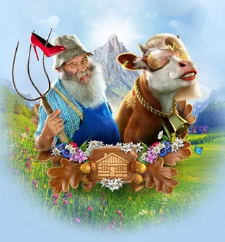 Smiling farmer with pitchfork and cow in alpine meadow by RIVE GAUCHE