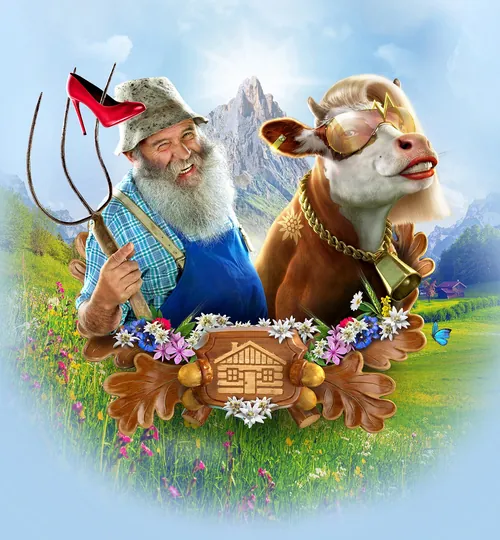 Smiling farmer with pitchfork and cow in alpine meadow by RIVE GAUCHE