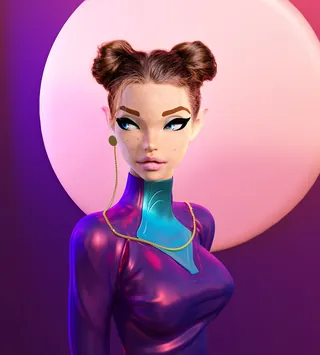 Digital portrait of futuristic woman with twin buns and neon accents by RIVE GAUCHE