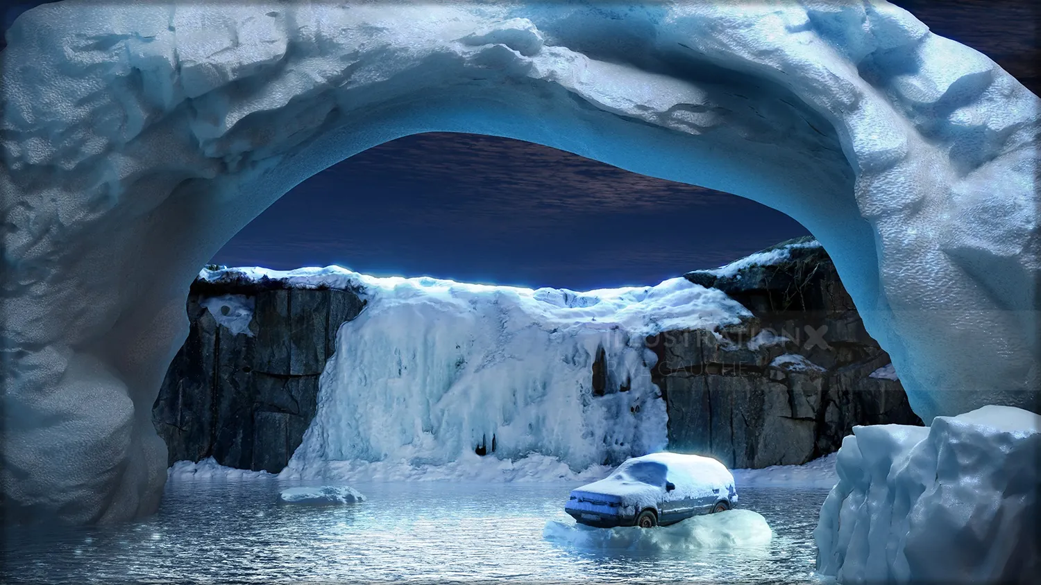 Car covered in snow near icy cave formation with frozen water by RIVE GAUCHE