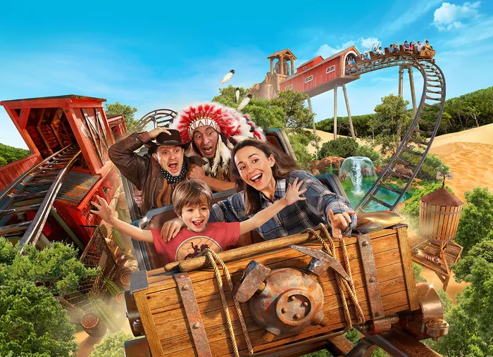 Family riding a wild mine roller coaster with excited expressions by RIVE GAUCHE