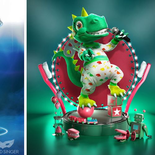 Futuristic colorful cartoon frogs in quirky outfits by RIVE GAUCHE