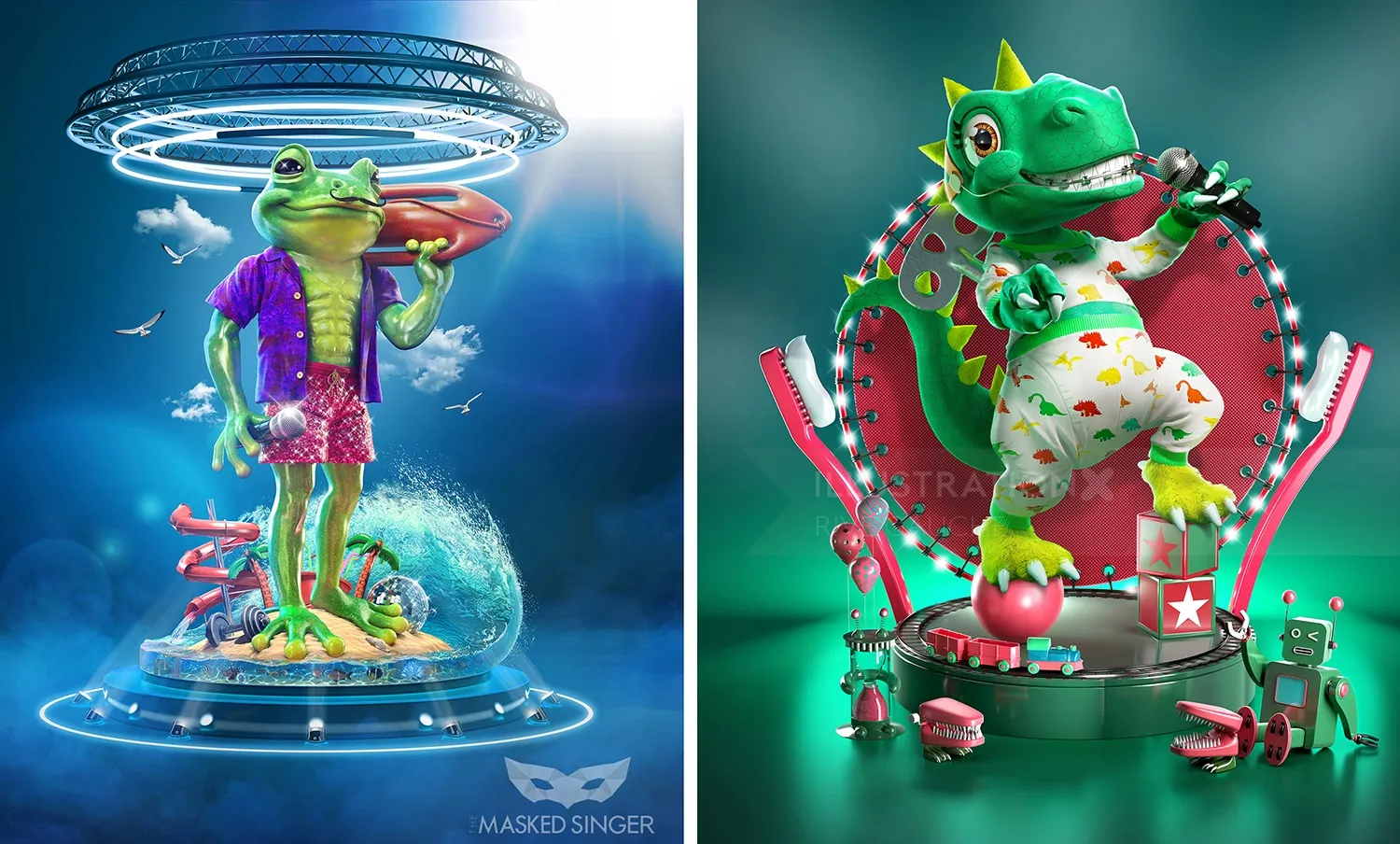 Futuristic colorful cartoon frogs in quirky outfits by RIVE GAUCHE