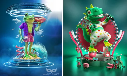 Futuristic colorful cartoon frogs in quirky outfits by RIVE GAUCHE