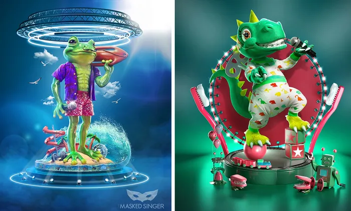 Futuristic colorful cartoon frogs in quirky outfits by RIVE GAUCHE