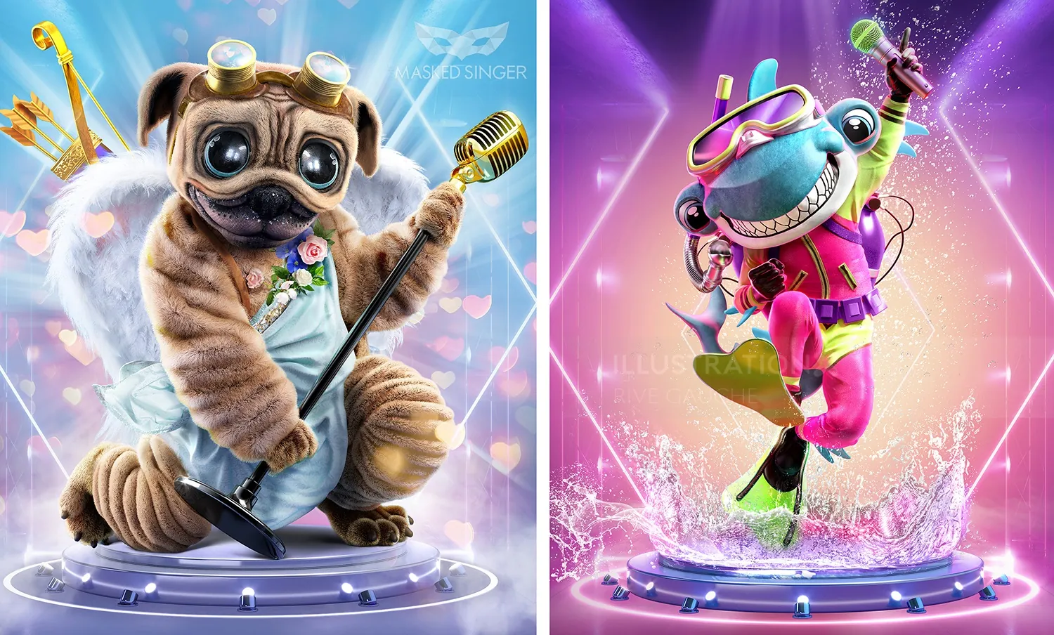 Singing pug and frog characters performing with microphones by RIVE GAUCHE