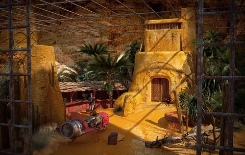 Desert village with yellow adobe buildings and palm trees by RIVE GAUCHE