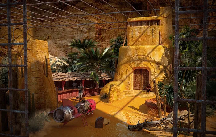 Desert village with yellow adobe buildings and palm trees by RIVE GAUCHE
