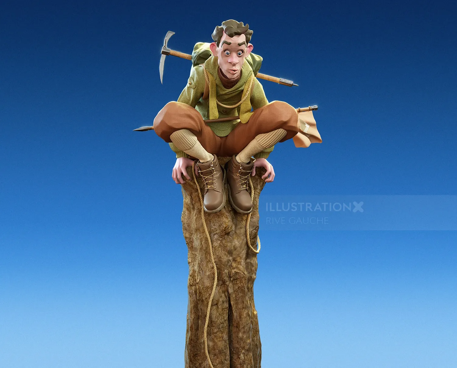 3D cartoon man crouching on tree stump by RIVE GAUCHE
