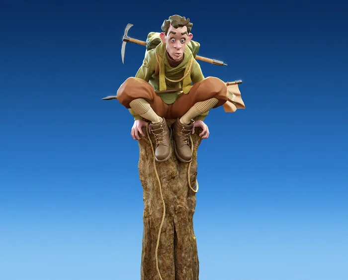 3D cartoon man crouching on tree stump by RIVE GAUCHE