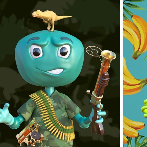 Whimsical fruit characters with colorful backgrounds by RIVE GAUCHE