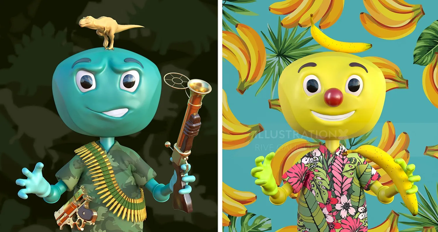 Whimsical fruit characters with colorful backgrounds by RIVE GAUCHE