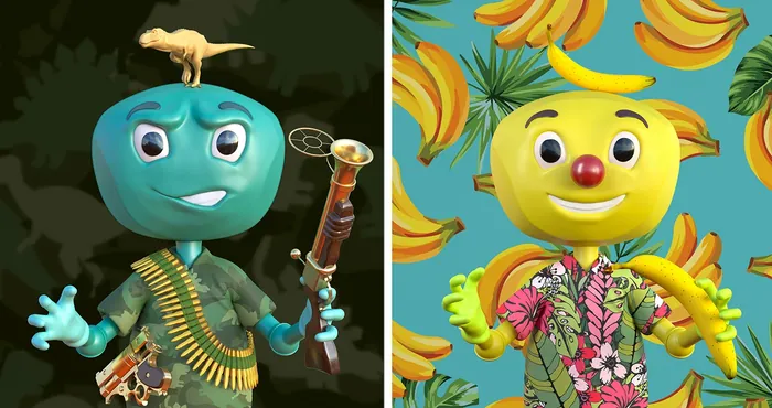 Whimsical fruit characters with colorful backgrounds by RIVE GAUCHE