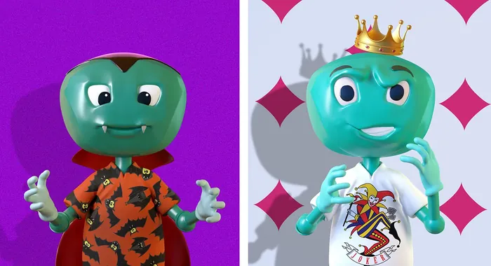 Two green cartoon characters, one wearing a crown and patterned shirts by RIVE GAUCHE