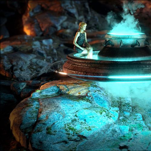 Futuristic ritual scene with two figures by glowing portal in rocky cave by RIVE GAUCHE