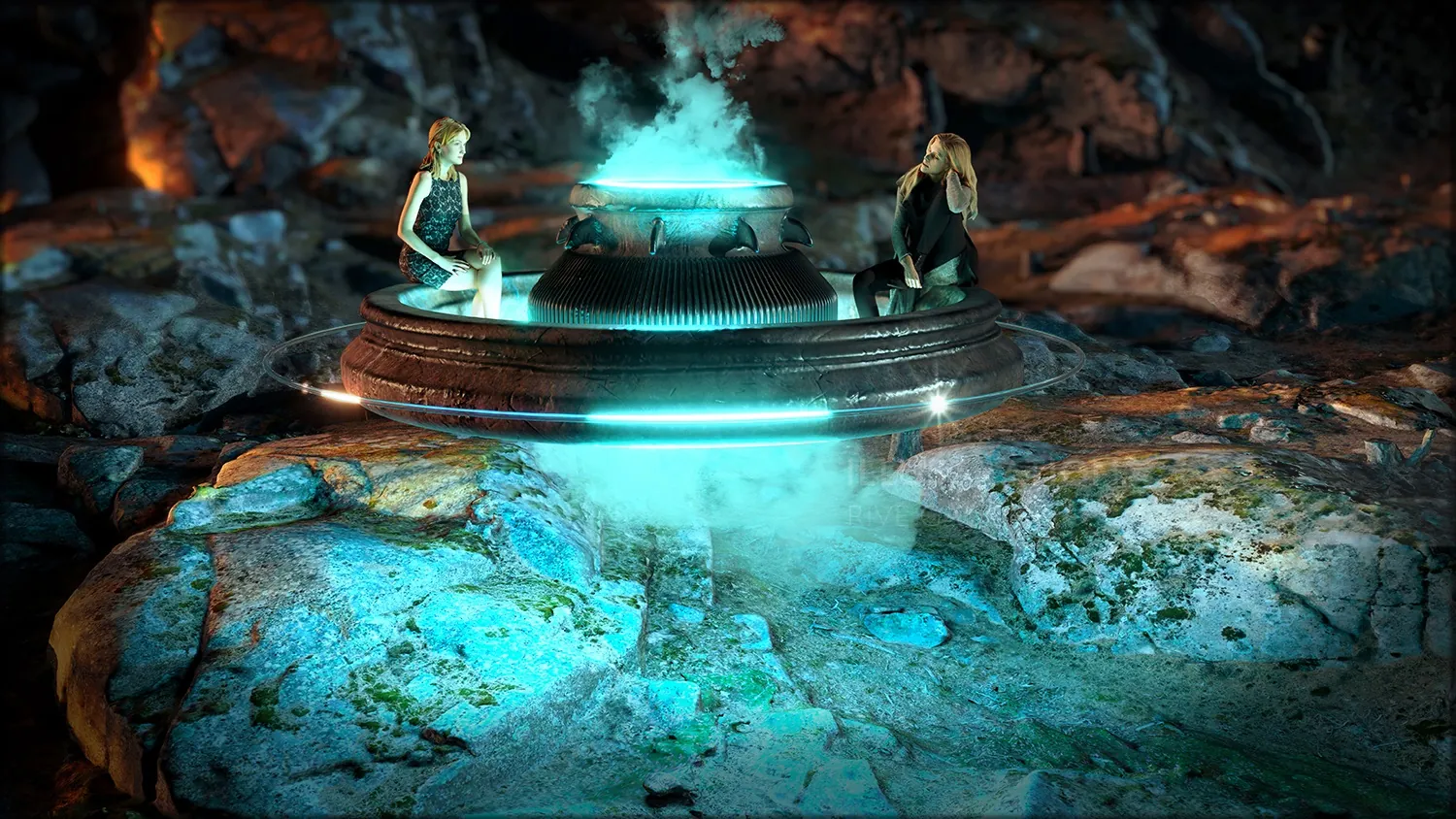 Futuristic ritual scene with two figures by glowing portal in rocky cave by RIVE GAUCHE