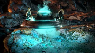 Futuristic ritual scene with two figures by glowing portal in rocky cave by RIVE GAUCHE