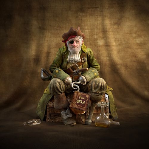 Vintage pirate sitting holding rum bottle, old items, by RIVE GAUCHE