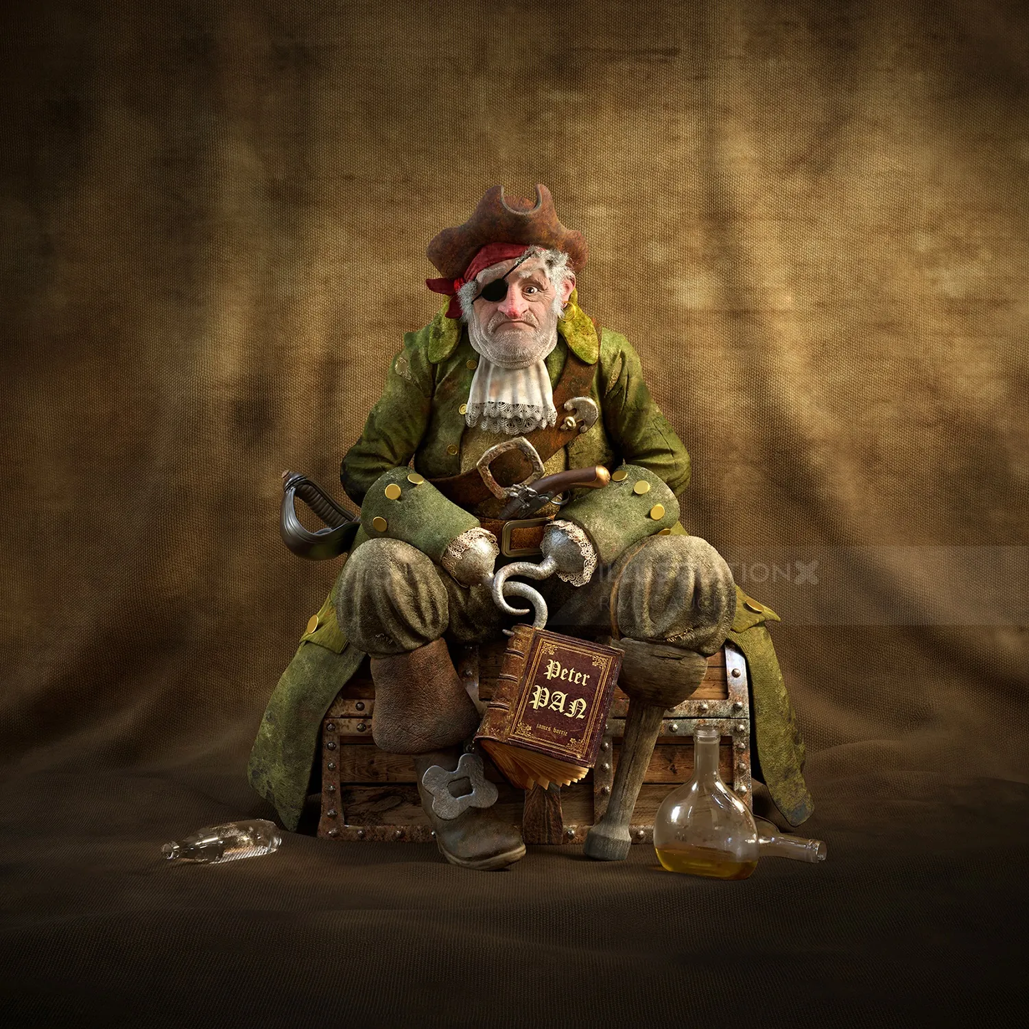 Vintage pirate sitting holding rum bottle, old items, by RIVE GAUCHE