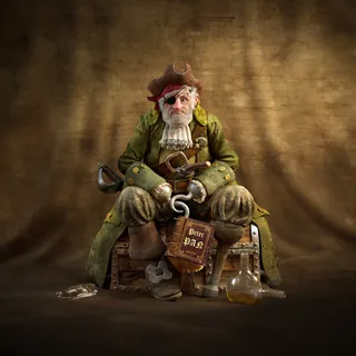 Vintage pirate sitting holding rum bottle, old items, by RIVE GAUCHE