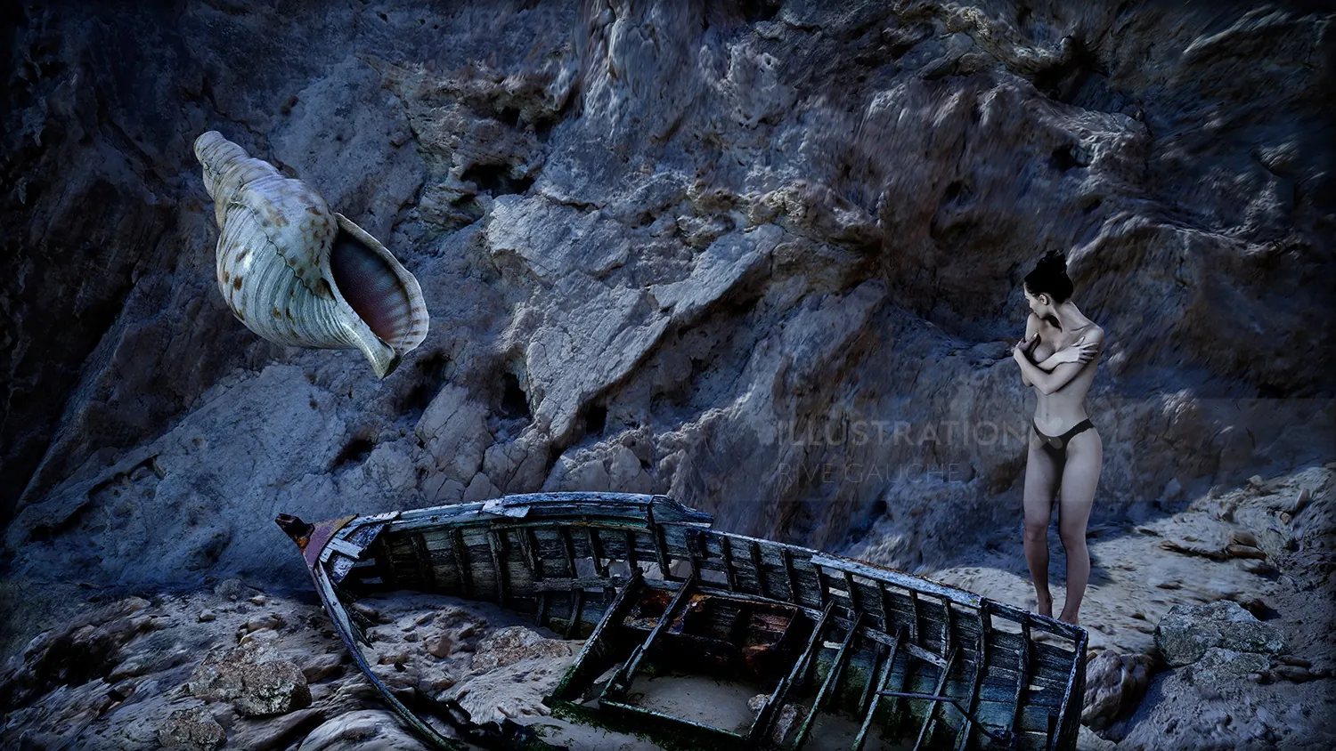 Woman near old boat on rocky shore with giant floating seashell by RIVE GAUCHE
