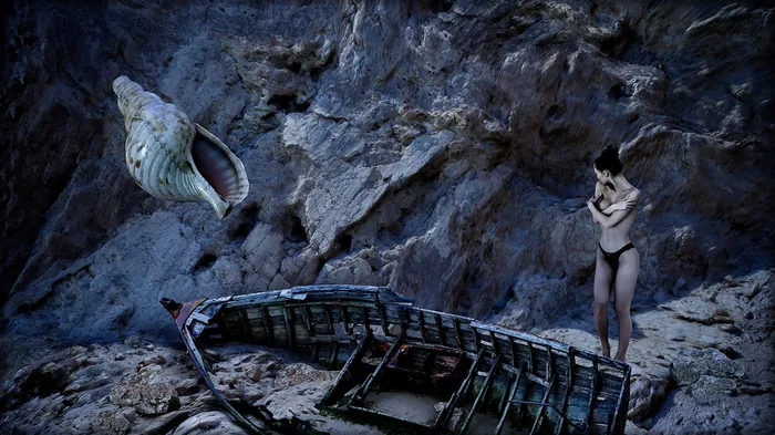 Woman near old boat on rocky shore with giant floating seashell by RIVE GAUCHE