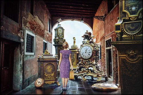 Woman in purple dress looking at antique clocks in a museum, by RIVE GAUCHE